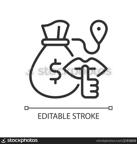 Bulk cash smuggling linear icon. Large sum of money. Thin line customizable illustration. Contour symbol. Vector isolated outline drawing. Editable stroke. Pixel perfect. Arial font used. Bulk cash smuggling linear icon