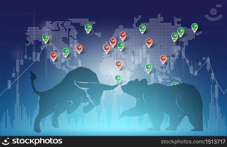 Bull and Bear abstract vector illustration. graphic design concept of stock market Bullish and Bearish trend.