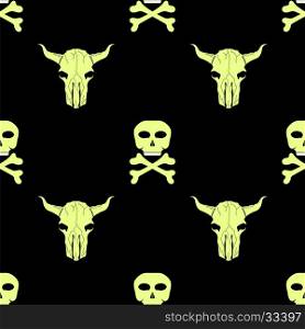 Bull and Man Skull Silhouette Seamless Pattern. Animal Background.. Bull and Man Skull Silhouette Seamless Pattern
