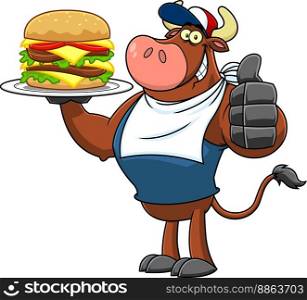 Bull Cartoon Character Giving The Thumbs Up And Holding A Double Hamburger. Vector Hand Drawn Illustration Isolated On Transparent Background