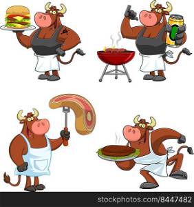 Bull Cartoon Mascot Character Different Poses. Vector Hand Drawn Collection Set Isolated On White Background