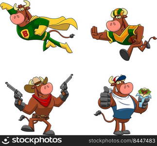 Bull Cartoon Mascot Character Different Poses. Vector Hand Drawn Collection Set Isolated On White Background