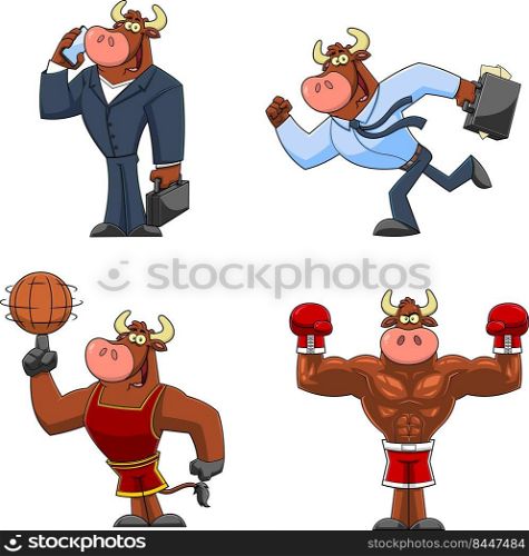 Bull Cartoon Mascot Character Different Poses. Vector Hand Drawn Collection Set Isolated On White Background