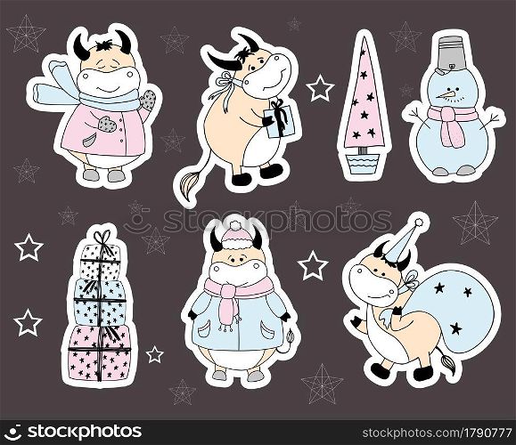 Bull character stickers. 2021 symbol vector icons. Ox character set. Bull character stickers. 2021 symbol vector icons. Ox character set.