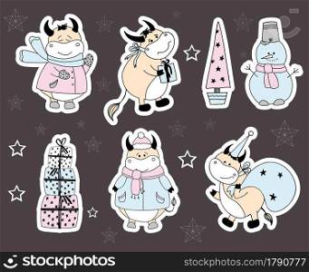 Bull character stickers. 2021 symbol vector icons. Ox character set. Bull character stickers. 2021 symbol vector icons. Ox character set.