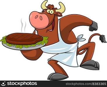 Bull Chef Cartoon Character Holding A Platter With Grilled Beef Steak. Vector Hand Drawn Illustration Isolated On White Background