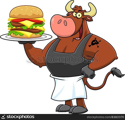 Bull Chef Cartoon Mascot Character Holding A Double  Hamburger Or Cheeseburger. Vector Fast Food Hand Drawn Illustration Isolated On White Background