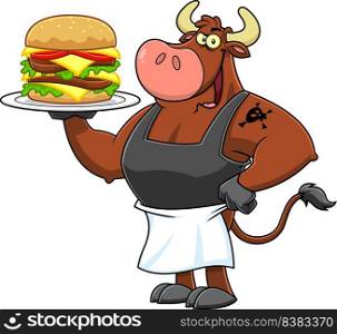 Bull Chef Cartoon Mascot Character Holding A Double  Hamburger Or Cheeseburger. Vector Fast Food Hand Drawn Illustration Isolated On White Background