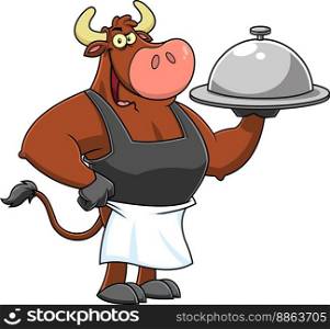 Bull Chef Cartoon Mascot Character Holding A Silver Platter. Vector Hand Drawn Illustration Isolated On Transparent Background
