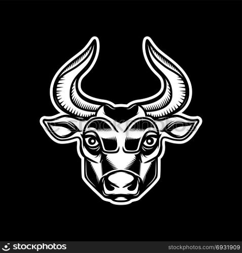 Bull head illustration isolated on dark background. Design element for emblem, sign, poster, label. Vector illustration