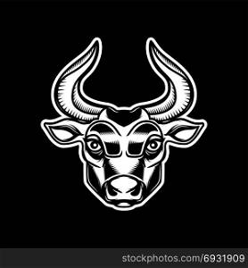 Bull head illustration isolated on dark background. Design element for emblem, sign, poster, label. Vector illustration