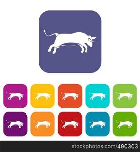 Bull icons set vector illustration in flat style in colors red, blue, green, and other. Bull icons set