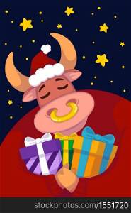 Bull in a santa hat and a red sweater with gifts against the background of the starry sky. Year of the ox. Happy Cow. New year and merry christmas illustration. Chinese zodiac symbol of the year 2021.