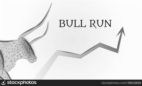 Bull run with a polygonal bull head and an upward arrow on white background. Bullish trend on the stock exchange. Vector illustration.