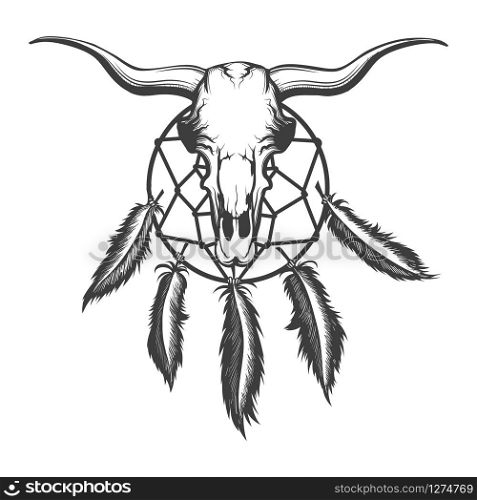 Bull skull and indian dream catcher tattoo. Native american elements Tattoo in engraving style. Vector illustration.