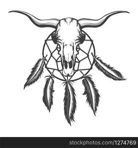 Bull skull and indian dream catcher tattoo. Native american elements Tattoo in engraving style. Vector illustration.
