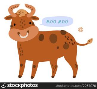 Bull talking noo moo. Cute farm animal with speech bubble isolated on white background. Bull talking noo moo. Cute farm animal with speech bubble