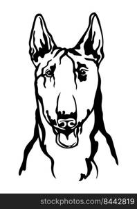 Bull Terrier dog black contour portrait. Dog head in front view vector illustration isolated on white. For decor, design, print, poster, postcard, sticker, t-shirt, cricut,tattoo and embroidery. Bull Terrier dog vector black contour portrait