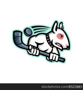 Bull Terrier Ice Hockey Mascot. Sports mascot icon illustration of a bull terrier or wedge head holding an ice hockey stick with puck at back viewed from side on isolated background in retro style.. Bull Terrier Ice Hockey Mascot