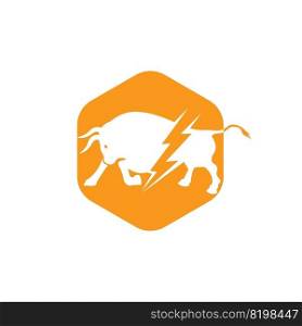 Bull with thunder logo design. Flash electric energy in bull. 