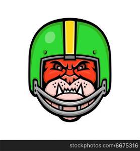 Bulldog American Football Mascot. Sports mascot icon illustration of head of a bulldog wearing an American football or gridiron helmet viewed from front on isolated background in retro style.. Bulldog American Football Mascot