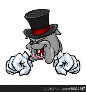Bulldog in hat and paws in gloves. Cartoon style. Isolated on white.