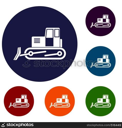 Bulldozer icons set in flat circle red, blue and green color for web. Bulldozer icons set