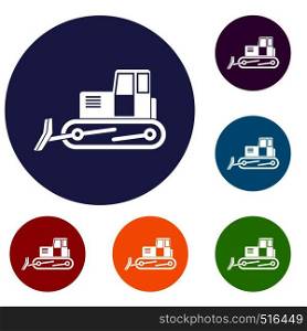 Bulldozer icons set in flat circle red, blue and green color for web. Bulldozer icons set