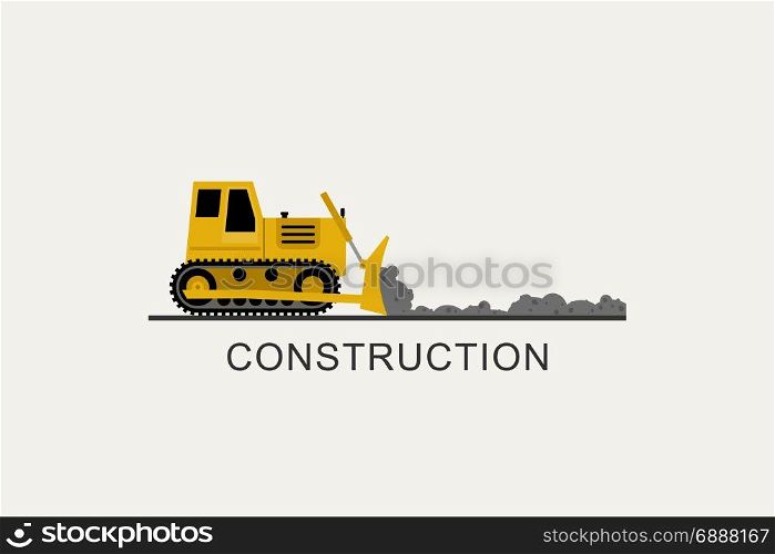 Bulldozer leveled the road. Bulldozer leveled the road. Construction machinery in flat style.