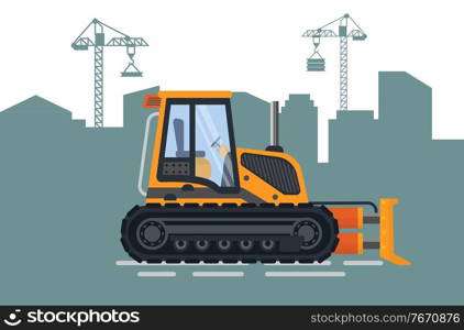 Bulldozer near development of skyscraper and jenny. Construction equipment and building view, excavator and town development, shadow of city vector. Construction of City, Build and Bulldozer Vector