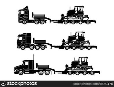 Bulldozer transport. Set of silhouettes of a heavy bulldozer on continuous tracks being transported by heavy hauler. Vector.