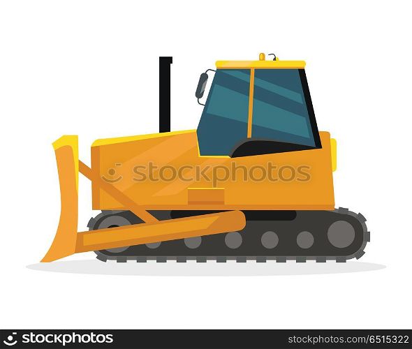 Bulldozer vector illustration. Flat design. Heavy construction machine for earthworks. Illustration for building concepts, city works infographics, icons or web design. Isolated on white background. Bulldozer Vector Illustration in Flat Design. Bulldozer Vector Illustration in Flat Design
