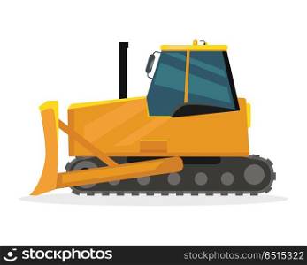 Bulldozer vector illustration. Flat design. Heavy construction machine for earthworks. Illustration for building concepts, city works infographics, icons or web design. Isolated on white background. Bulldozer Vector Illustration in Flat Design. Bulldozer Vector Illustration in Flat Design