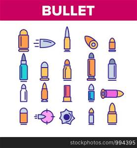 Bullet Ammunition Collection Icons Set Vector Thin Line. Different Caliber, Flying And Standing Military Bullet Concept Linear Pictograms. Army Ammo Color Contour Illustrations. Bullet Ammunition Color Icons Set Vector