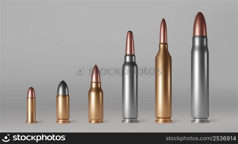 Bullet cartridges, ammunition for gun, rifle, pistol and firearm weapons. Vector realistic set of 3d brass, copper and metal ammo, slugs and shells different calibers. Bullet cartridges, ammunition for gun