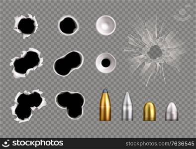 Bullet holes realistic set of isolated bullet plug icons and broken glass spot on transparent background vector illustration
