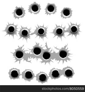 Bullet holes set. In and out bullet holes on whute background. Vector bullet holes