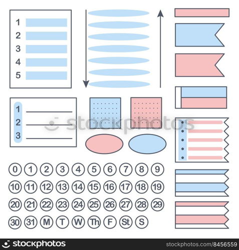 Bullet journal elements to fill notepad, diary and planner. Frames, list, borders, numbers and days of week collection. Set stickers for decoration vector illustration. Bullet journal elements to fill notepad diary and planner