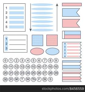 Bullet journal elements to fill notepad, diary and planner. Frames, list, borders, numbers and days of week collection. Set stickers for decoration vector illustration. Bullet journal elements to fill notepad diary and planner