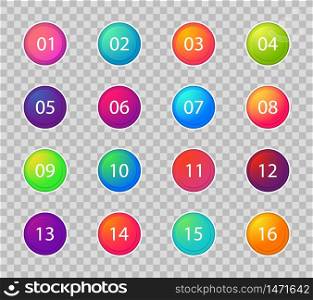Bullet marker icon. Number points 1, 3, 4, 5, 7, 9, 10, 12 for infographic, presentation. Set of graphic button for scheme. Circle point in gradient color. Modern label info bullet.Design vector eps10. Bullet marker icon. Number points 1, 3, 4, 5, 7, 9, 10, 12 for infographic, presentation. Set of graphic button for scheme. Circle point in gradient color. Modern label info bullet. vector eps10