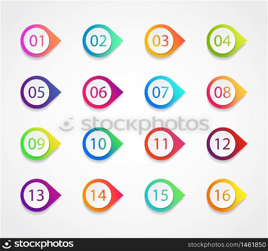 Bullet marker icon with number 1, 3, 4, 5, 7, 9, 10, 12 for infographic, presentation. Set of graphic pointer with steps. Sticky point bullet gradient color. Template label info bullet. vector eps10. Bullet marker icon with number 1, 3, 4, 5, 7, 9, 10, 12 for infographic, presentation. Set of graphic pointer with steps. Sticky point bullet gradient color. Template label info bullet. vector