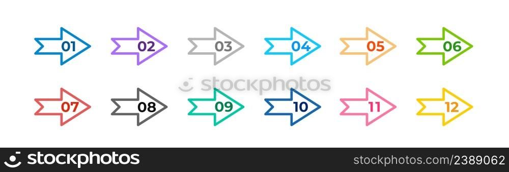 Bullet points arrows. Colourful arrows set isolated on white. Bullet points numbers from one to twelve.. Colourful arrows set isolated on white background. Bullet points numbers from one to twelve.