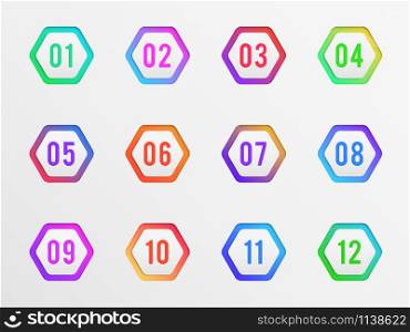 Bullet points. Colorful label number pointing bullets, modern pointers. Steps of simple shape for infographic layout and web design vector presentation creative set. Bullet points. Colorful label number pointing bullets, modern pointers. Steps of simple shape for infographic layout and web design vector set