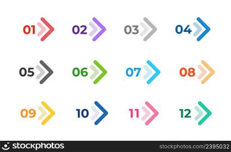 Bullet points. Colourful arrows set isolated on white. Direction number bullet points from one to twelve.. Colourful arrows set isolated on white. Direction number bullet points from one to twelve.