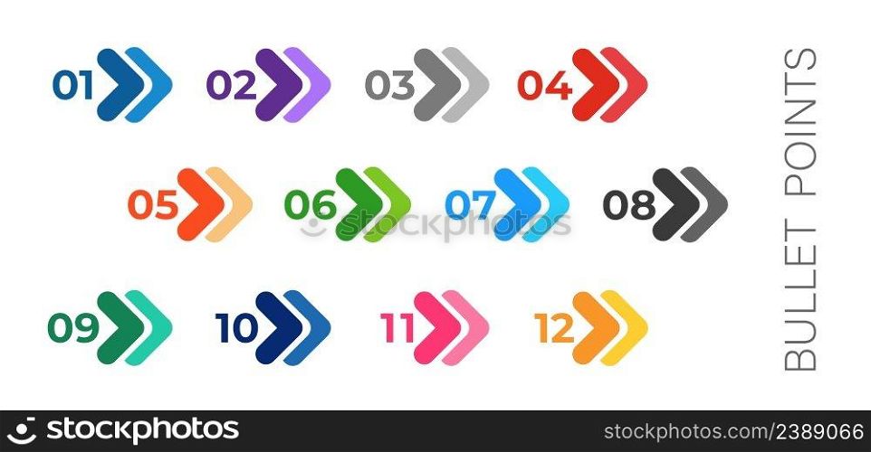Bullet points. Colourful arrows set isolated on white. Bullet points numbers from one to twelve.. Colourful arrows set isolated on white. Bullet points numbers from one to twelve.