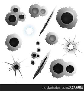 Bullet shot holes realistic set of isolated images with various puncture and shell holes on blank background vector illustration. Realistic Bullet Holes Set