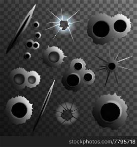 Bullet shot holes realistic set on transparent background with isolated shot bullet hole images of different size vector illustration. Shot Holes Transparent Collection