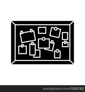 Bulletin board black glyph icon. Classroom corkboard. Notice board with notes. Announcements. University and college public messages. Silhouette symbol on white space. Vector isolated illustration. Bulletin board black glyph icon