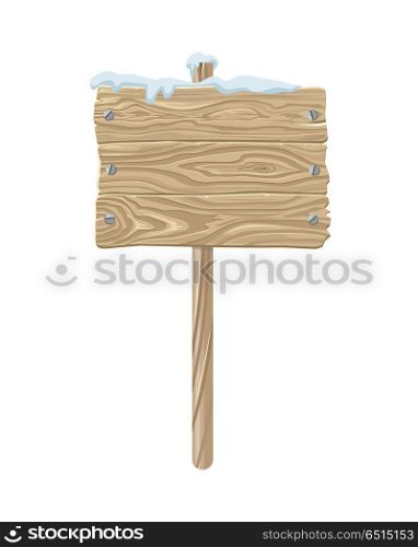Bulletin board or road pointer vector. Flat design. Three wooden boards fastened with nails hanging on a pole covered snow. For seasonal advertising and promotions. Isolated on white background. Bulletin Board or Road Pointer Flat Design Vector. Bulletin Board or Road Pointer Flat Design Vector
