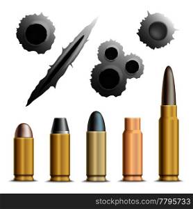 Bullets and holes realistic set of isolated grey bullet holes and metallic ammunition rounds with shadows vector illustration. Holes And Bullets Collection